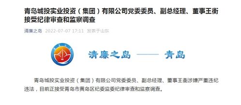 青岛城投实业投资 集团 党委委员 副总经理 董事王衡接受纪律审查和监察调查凤凰网青岛